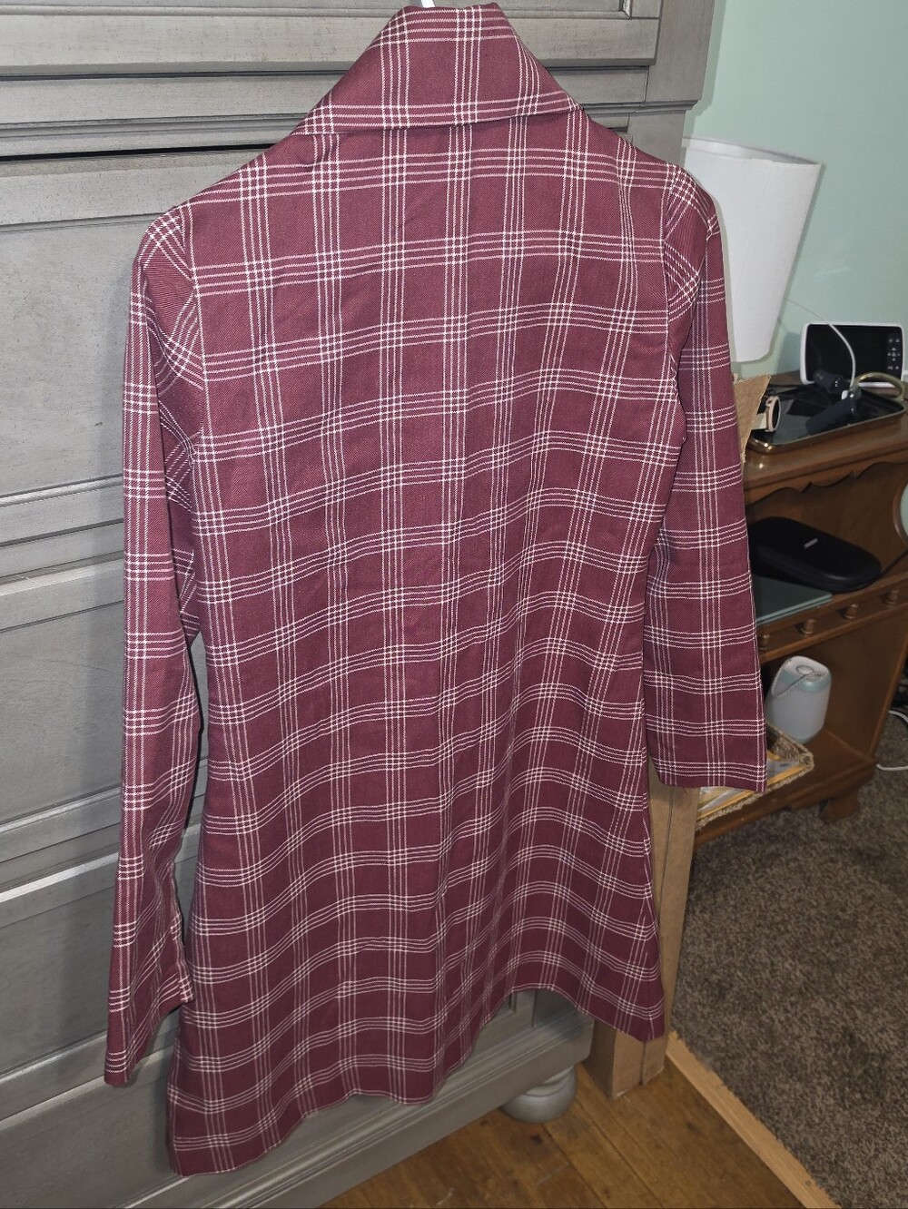 Plaid Long Sleeve Shirt Dress in Burgundy - Picture 2 of 4